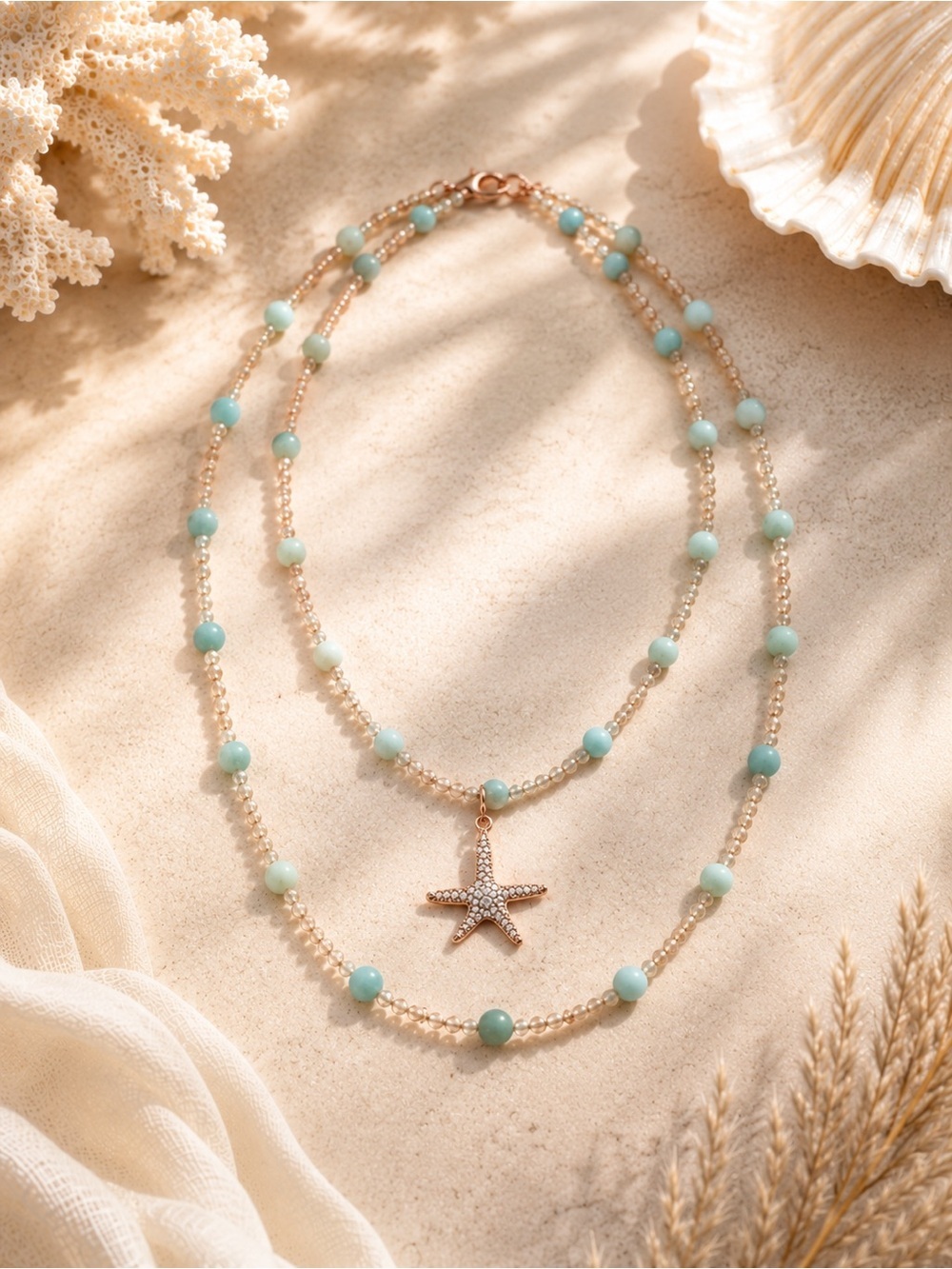 NEW Handmade Matte Amazonite & Champagne CZ Crystal Beaded Starfish Necklace